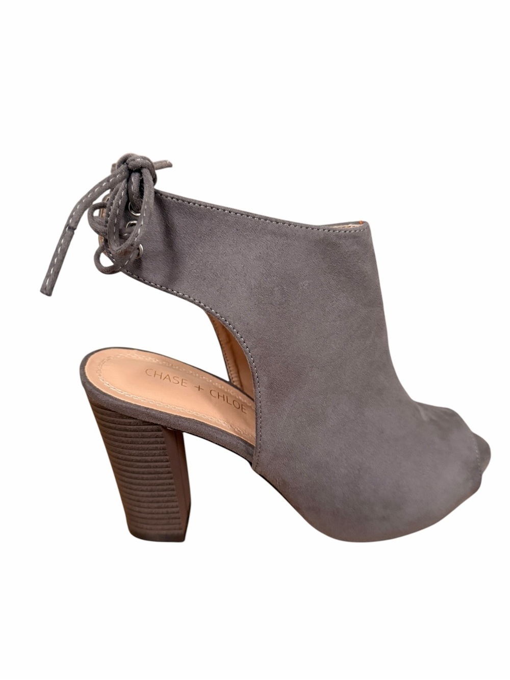 Chase & Chloe 8.5 Marcy-1 grey peep-toe block heel ankle booties lace-up back